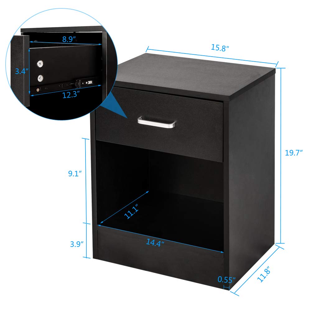 Karl home Nightstands Set of 2 with Drawer for Bedroom, Wood Night Stand Set 2 with Open Shelf, Modern Nightstand Bedside Tables Set of 2, End Table, Black