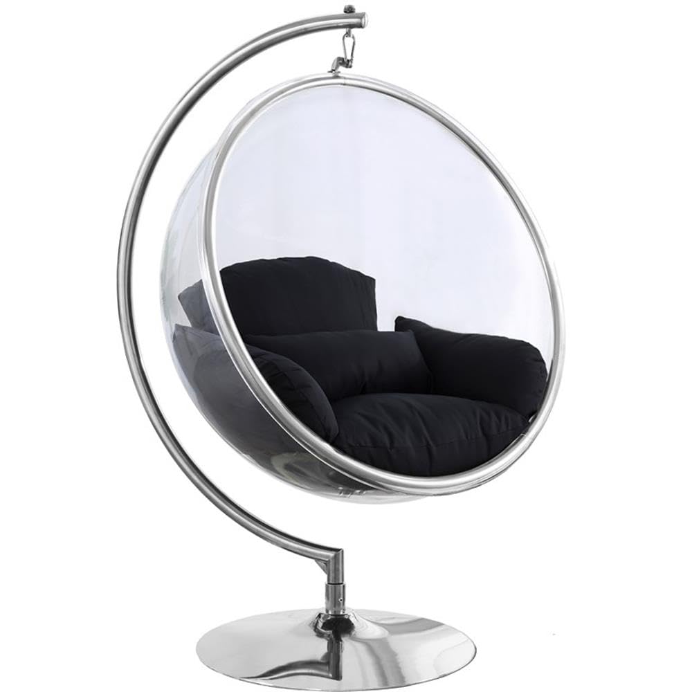 Meridian Furniture 507Black Luna Collection Modern | Contemporary Clear Acrylic Accent Swing Chair with Durable Metal Base and Fabric Seat, Black, Chrome Finish, 41.5" W x 29.5" D x 64" H