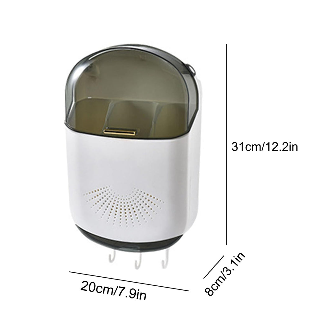 Wall Mounted Chopstick Holder, 3 Compartments Kitchen Utensil Holder with Cover And Drain Tray Large Capacity Plastic Chopstick Container Countertop Utensil Drying Storage Box (White)