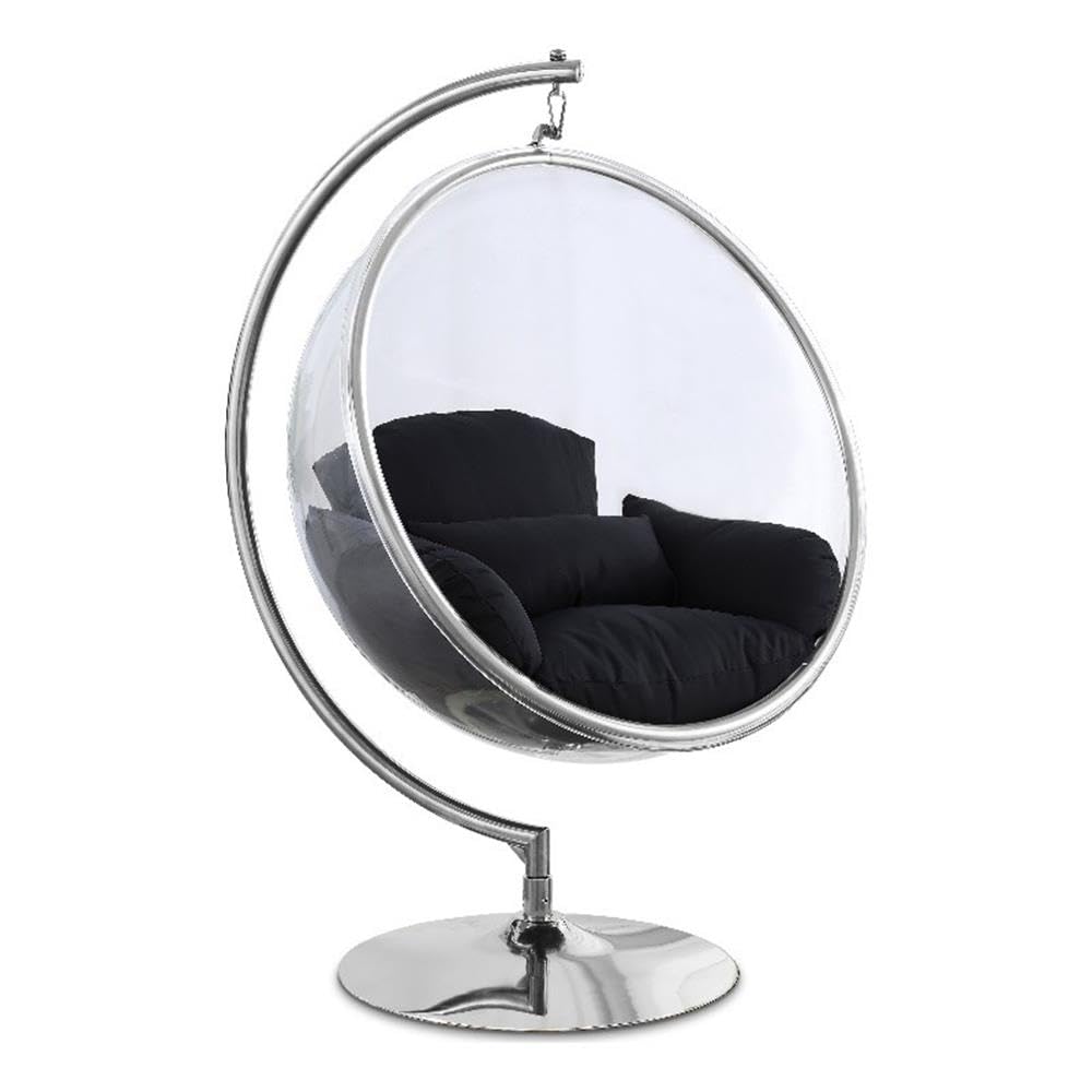 Meridian Furniture 507Black Luna Collection Modern | Contemporary Clear Acrylic Accent Swing Chair with Durable Metal Base and Fabric Seat, Black, Chrome Finish, 41.5" W x 29.5" D x 64" H