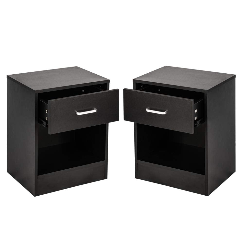 Karl home Nightstands Set of 2 with Drawer for Bedroom, Wood Night Stand Set 2 with Open Shelf, Modern Nightstand Bedside Tables Set of 2, End Table, Black