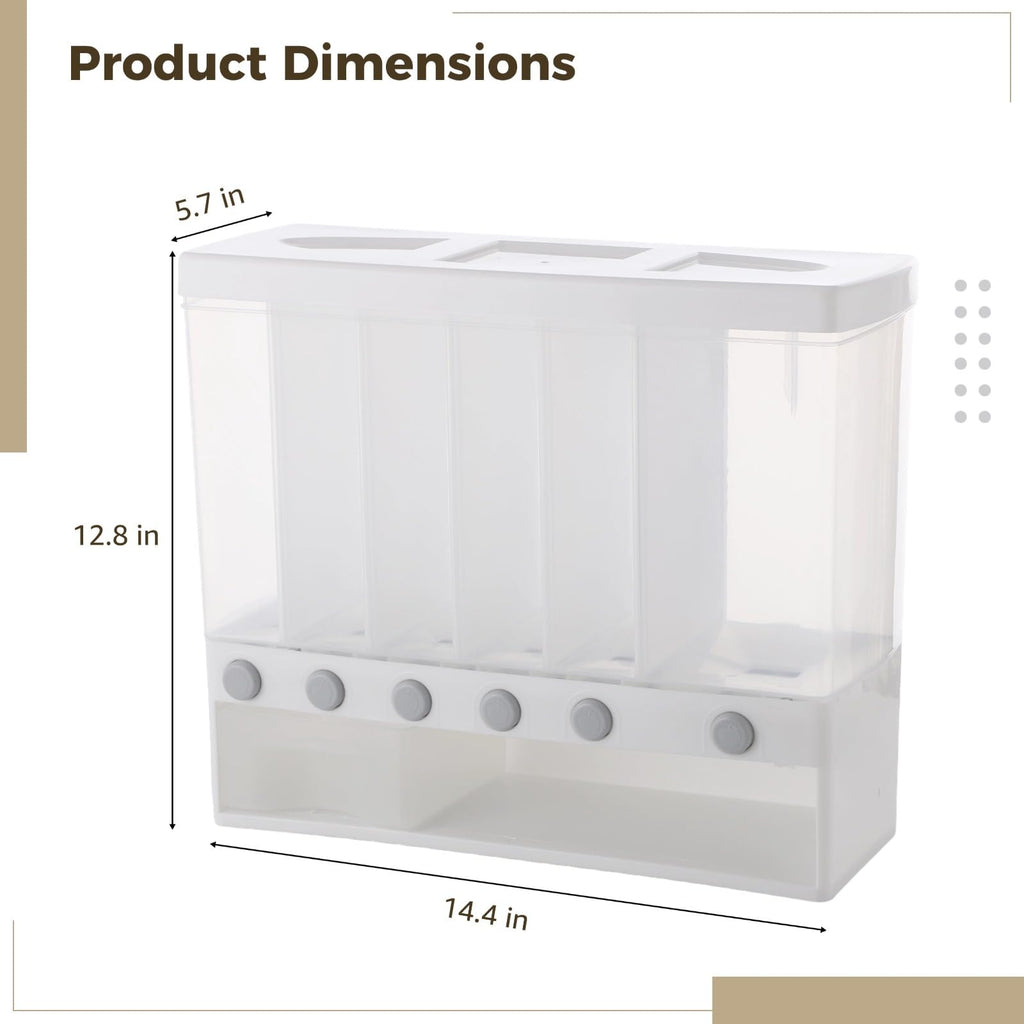 Skdqiee Wall Mounted 6-Grid Rice Dispenser, 22 lbs Large Capacity Dry Food Cereal Storage, Press Button Quantitative Output with Transparent Drawer for Kitchen Pantry Organization