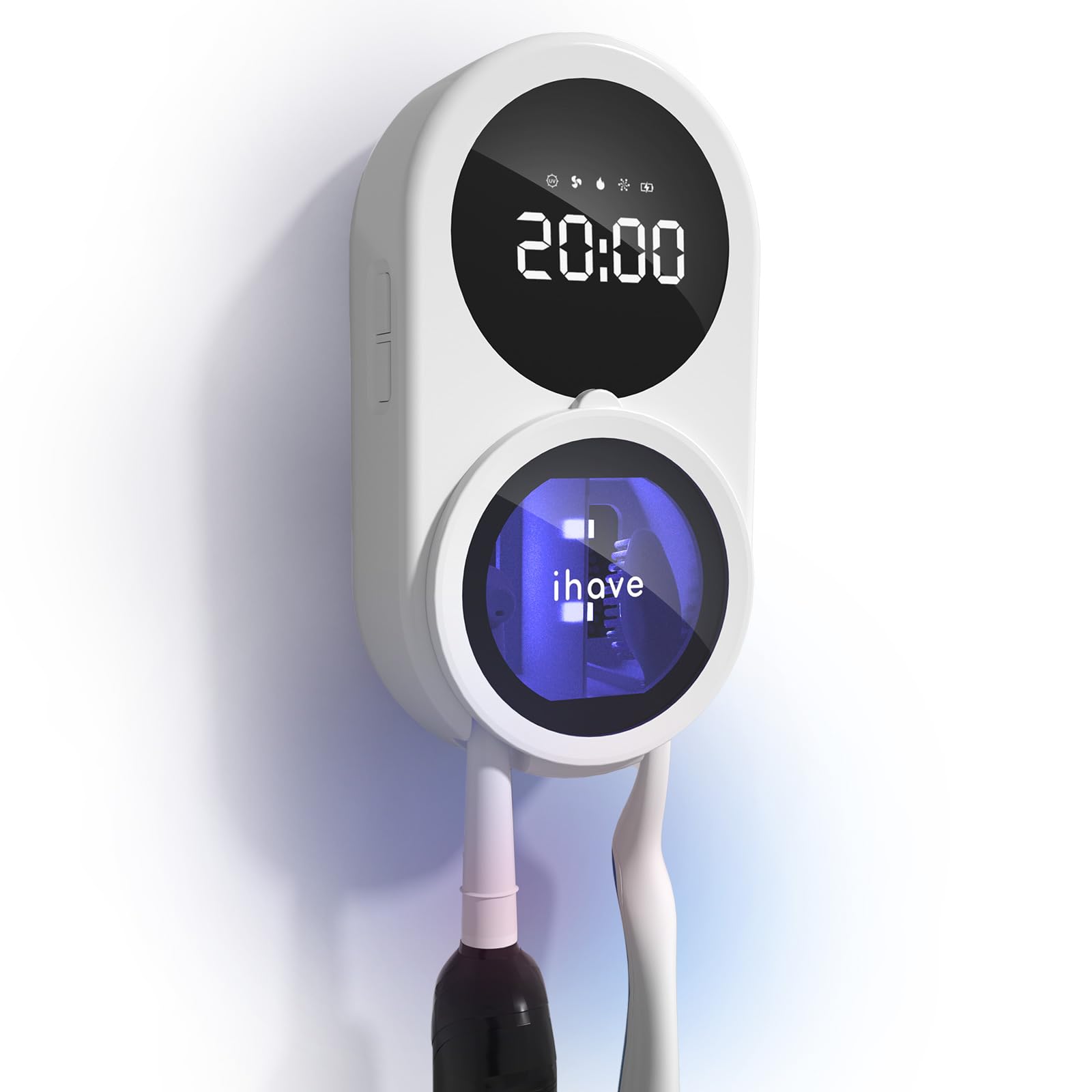 iHave Toothbrush Sanitizer Holder with UVC & 100M Negative Ions: Auto-Cycle for 360° Disinfection, Mold & Odor Removal | USB Toothbrush Holders Wall Mounted with Wave Sensor, LED, Heated & Fan Drying