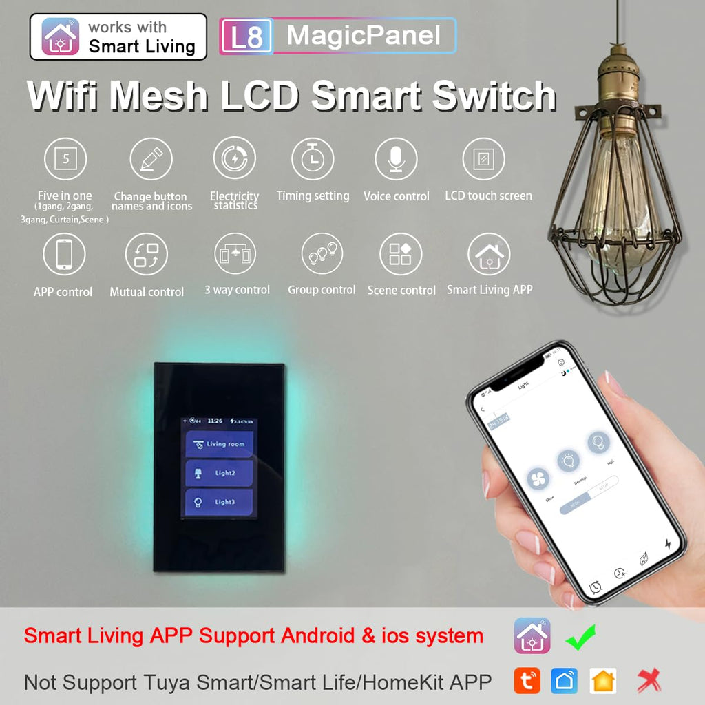 LANBON Smart Light Switch,1/2/3 Gang,3 Way for Whole House, LCD Magic Panel by WiFi Mesh Never be Offline, 2.4G Wi-Fi Smart Switch Compatible with Alexa&Google Home, Neutral Wire Required,L8-HS-Black