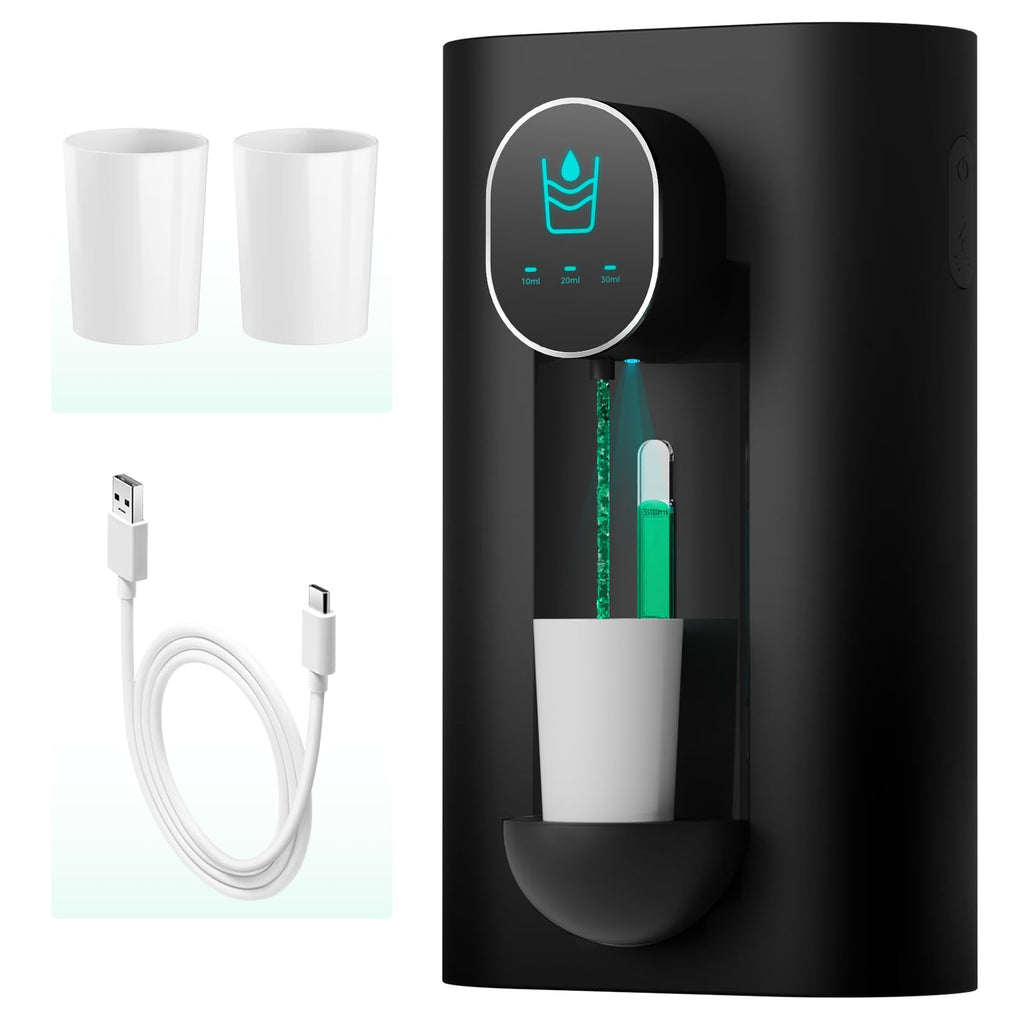 Oylik Automatic Mouthwash Dispenser 18.26 oz Touchless Mouthwash Dispenser for Bathroom 2 Magnetic Cup USB Rechargeable and 3 Dispensing Levels with Led Screen Wall-Mounted or Countertop Use-Black