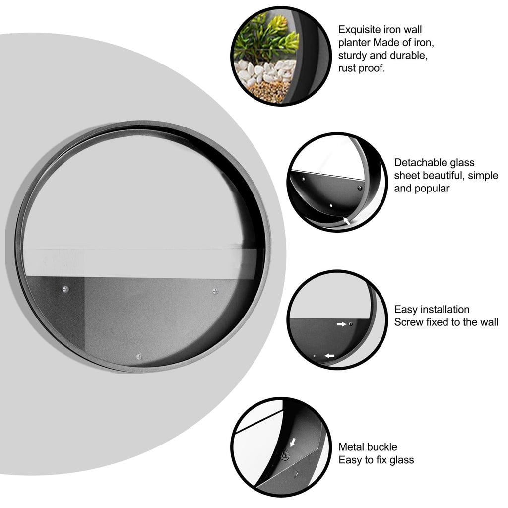 VEVLU 3 Pack Set Wall Planters,Modern Round Glass Wall Planter Succulent Planter Circle Iron Hanging Planter Vase for Herb,Small Cactus Perfect for Balcony, Room and Patio Decor (Black)