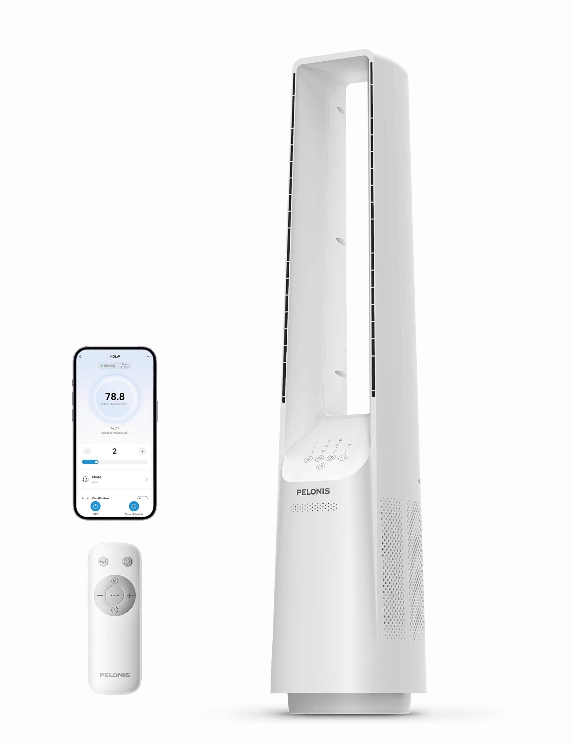 PELONIS Bladeless Tower Fan with 26-33ft Powerful Airflow, Alexa and Google Compatible, 6-Speed Settings, Quiet DC Motor, 120° Oscillation, 7-Hour Timer - Ideal for for Bedroom Home Office Use,White