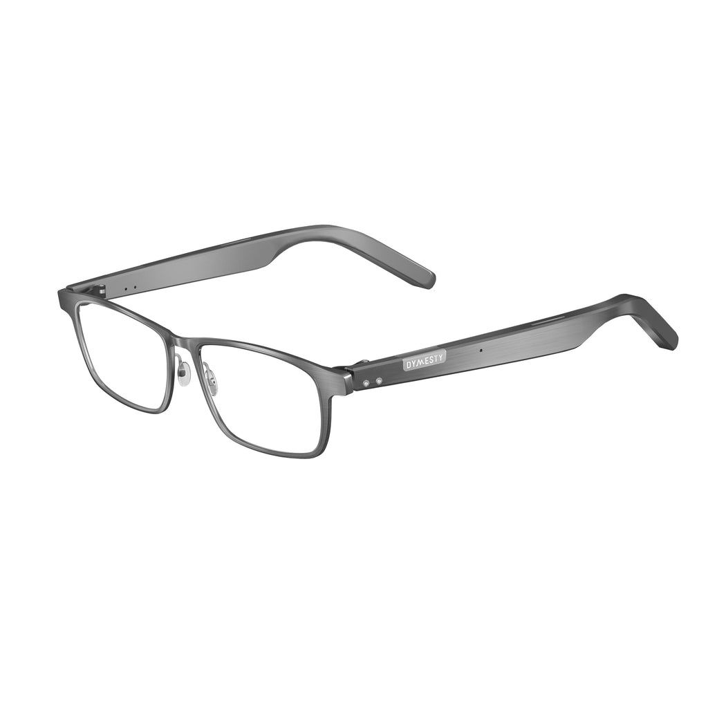 Dymesty AI Smart Glasses with Real-Time Translation & Meeting Transcription Titanium Frame, Bluetooth Open-Ear Audio, Voice Recording, No Camera Privacy-First, ChatGPT & Gemini, 48H Battery,Gray