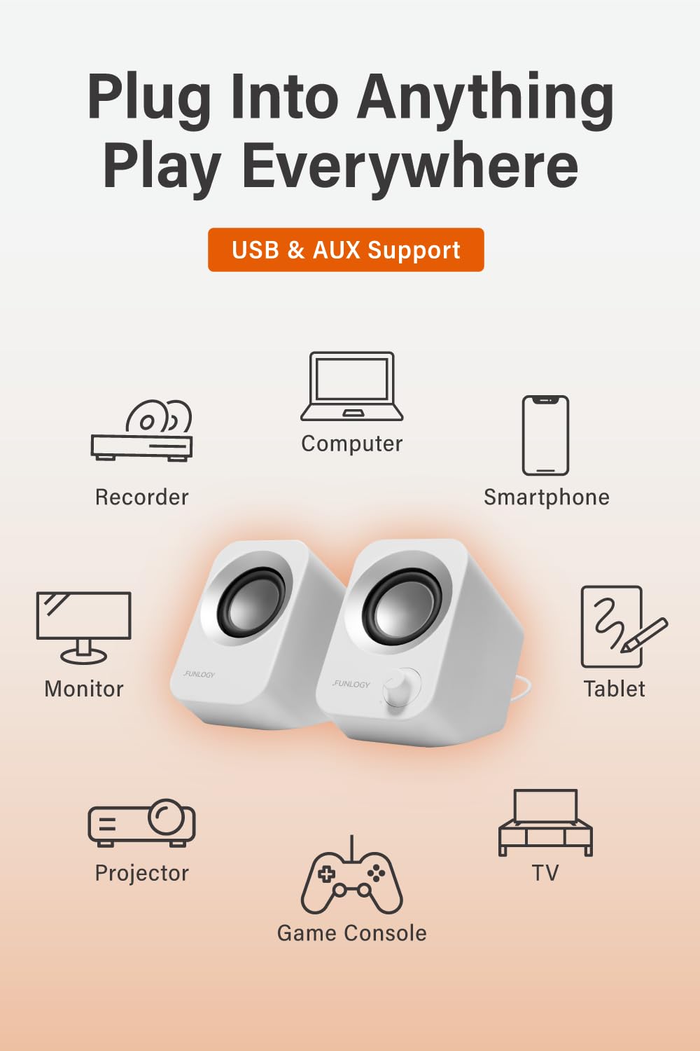 FUNLOGY Speaker - 14W Stereo PC Speakers, USB Powered, Compact Size with 30° Tilt Design, Volume Dial Control, for Desktop, Laptop, Monitor, Gaming Consoles, White