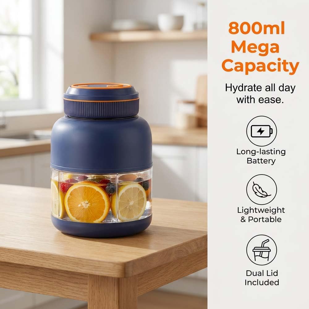 Portable Household Appliances Juicer, Electric Juicer Cup, Cordless Juice Mug with Dual Lid Design, Compact Travel Drinking Cup, Personal Blender for Smoothies, Juice (Navy, 800 ML)