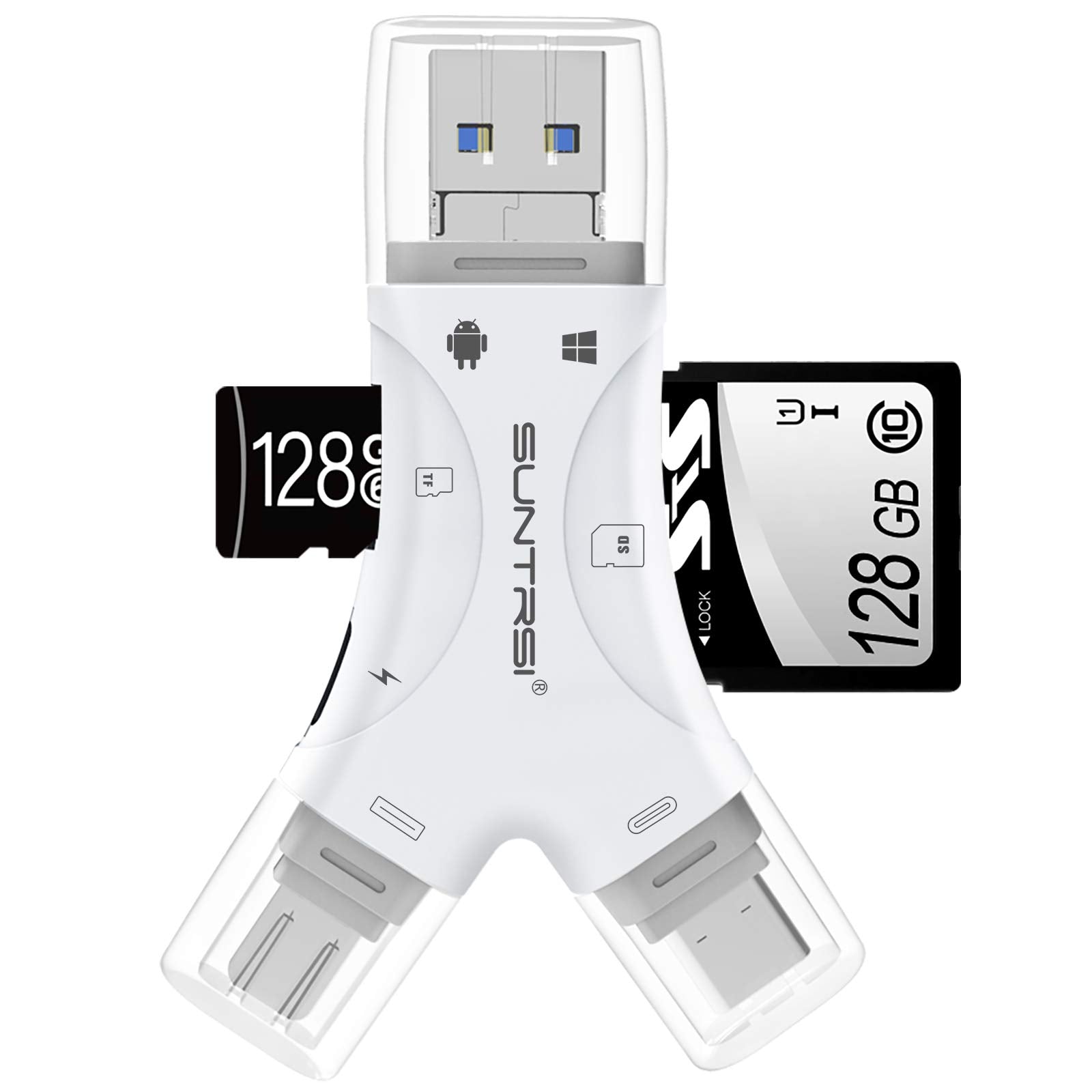 SD Card Reader for iPhone/ipad/Android/Mac/Computer/Camera,4 in1 Micro SD Card Reader Trail Camera Viewer, Portable Memory Card Reader SD Card Adapter for SD and TF Cards(White)