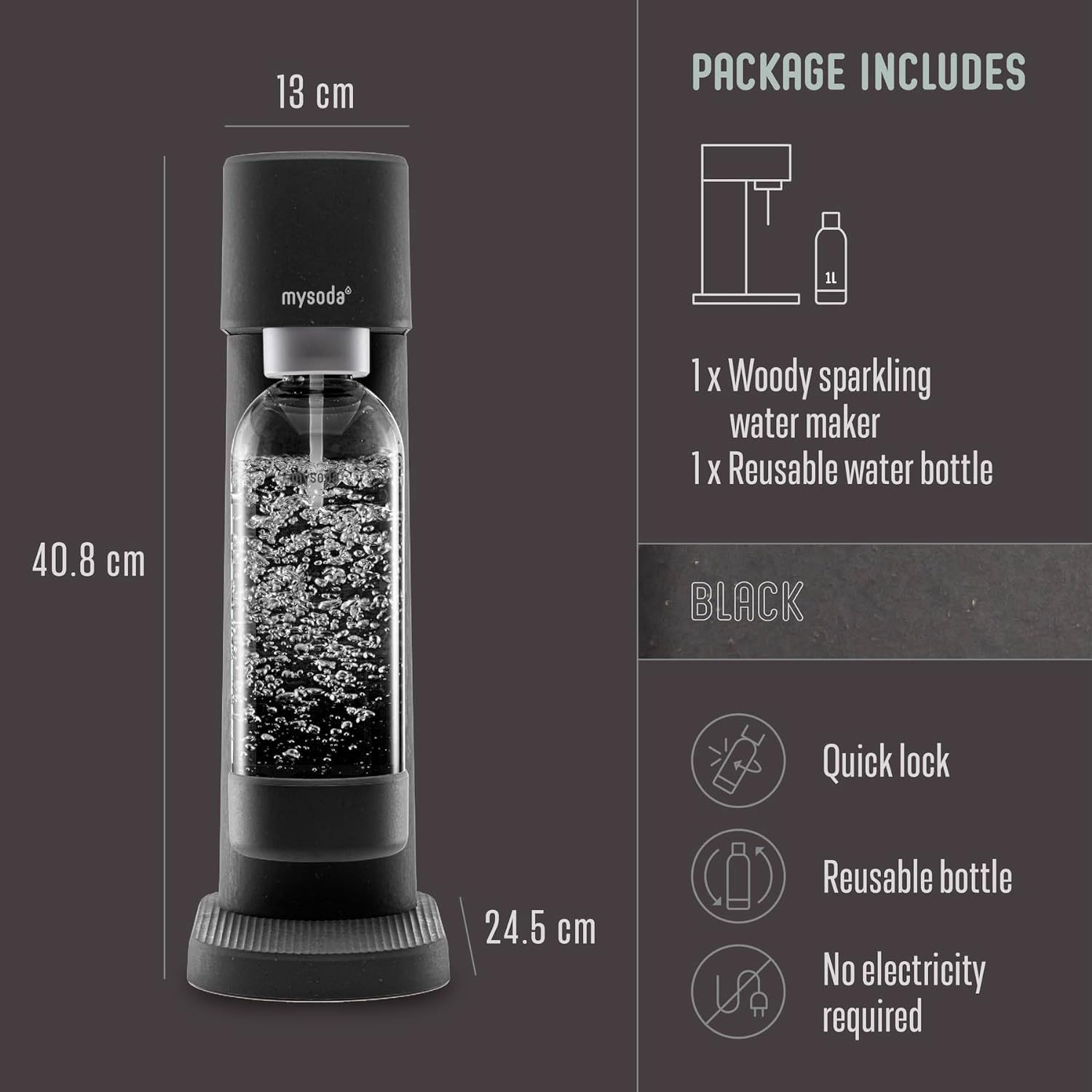 Mysoda Woody Sparkling Water Maker - Silent Carbonated Water Machine Robust Long-Lasting Aluminium Soda Maker - With 1L Water Bottle - Without CO2 Cylinder - Black