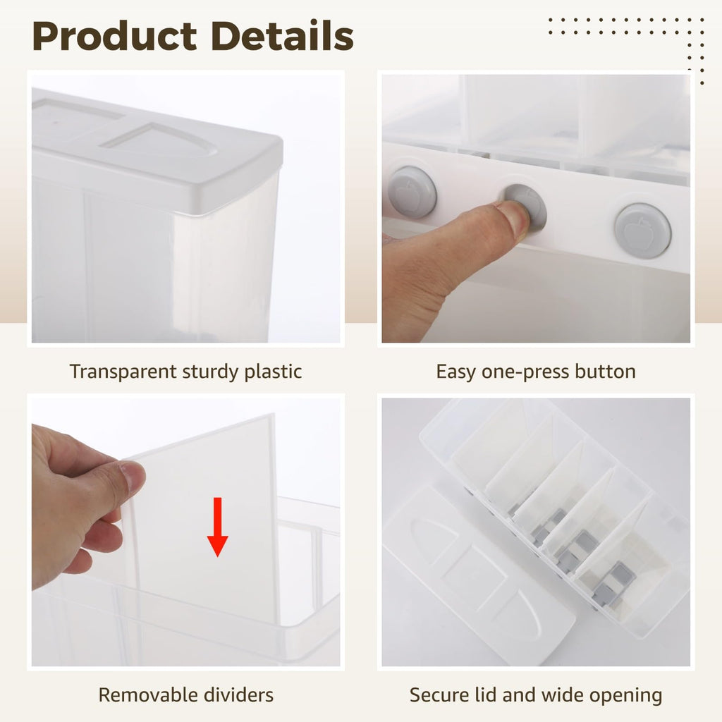 Skdqiee Wall Mounted 6-Grid Rice Dispenser, 22 lbs Large Capacity Dry Food Cereal Storage, Press Button Quantitative Output with Transparent Drawer for Kitchen Pantry Organization