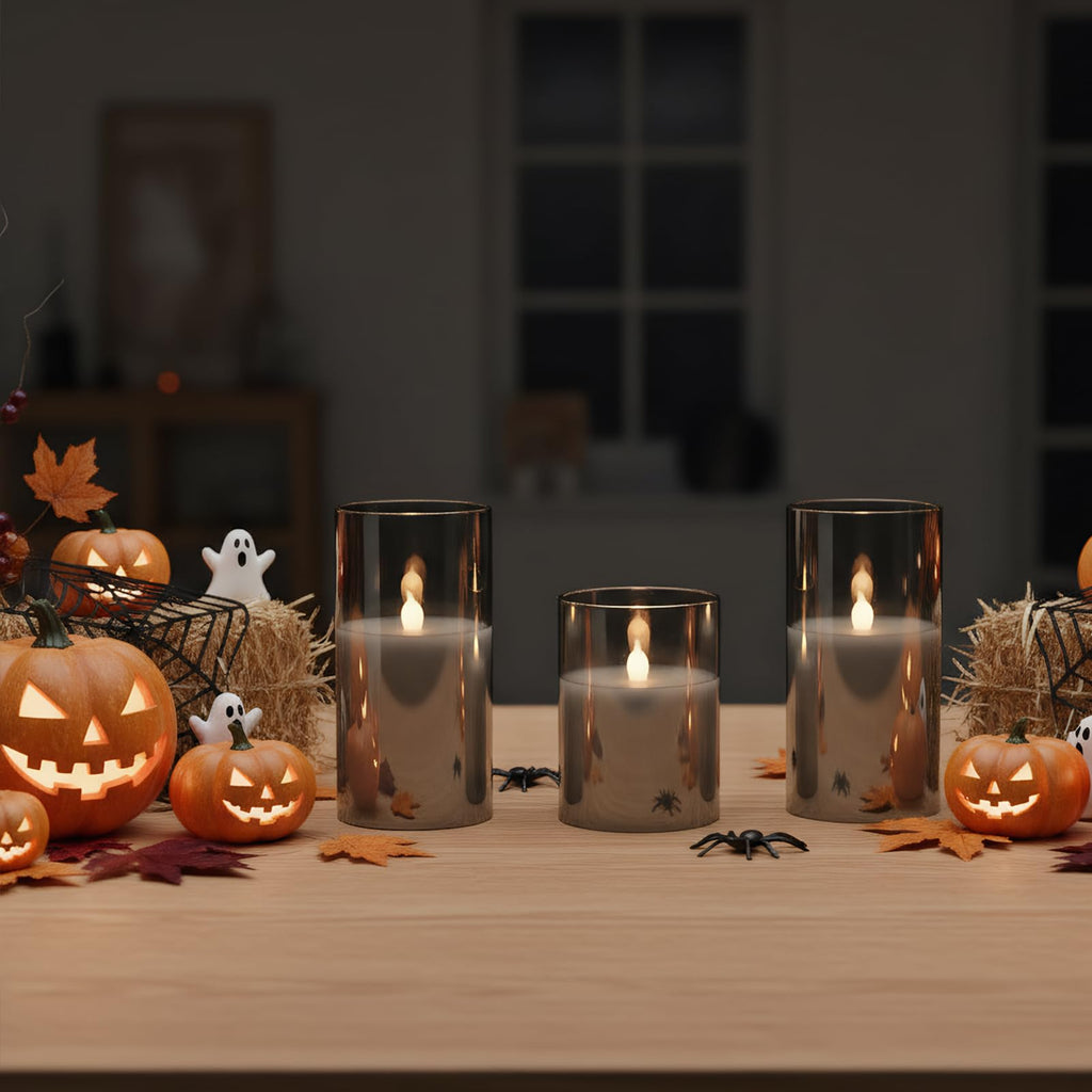 GenSwin Gray Glass Battery Operated Flameless Led Candles with 10-Key Remote and Timer, Real Wax Candles Warm White Flickering Light for Home Decoration(Set of 3)