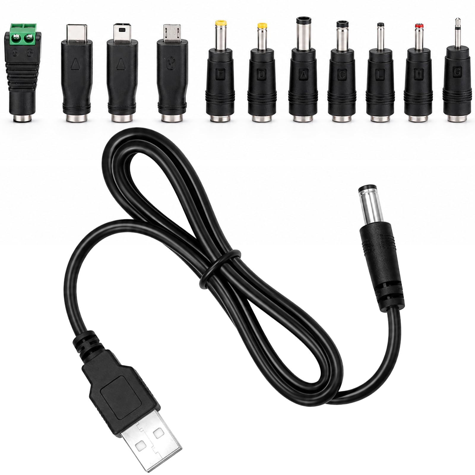 Skrfren Universal Charger Power Core 5V Universal DC Power Cable USB to DC Charging Cord with 11 Pcs Adapter Plugs 3.3FT