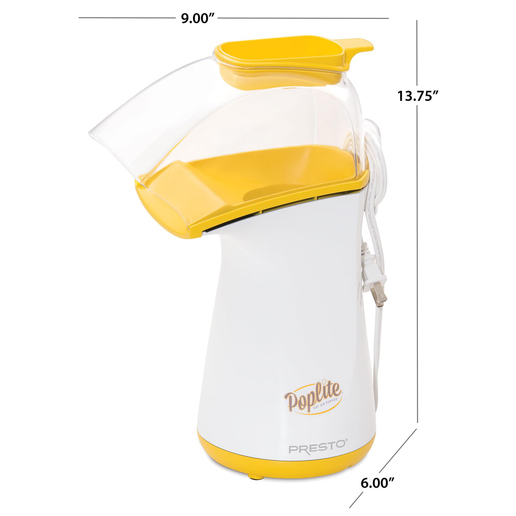 Presto 04820 Poplite Hot Air Popcorn Popper - Built-In Measuring Cup + Melts Butter, Easy to Clean, Built-In Cord Wrap, 18 Cups, Yellow