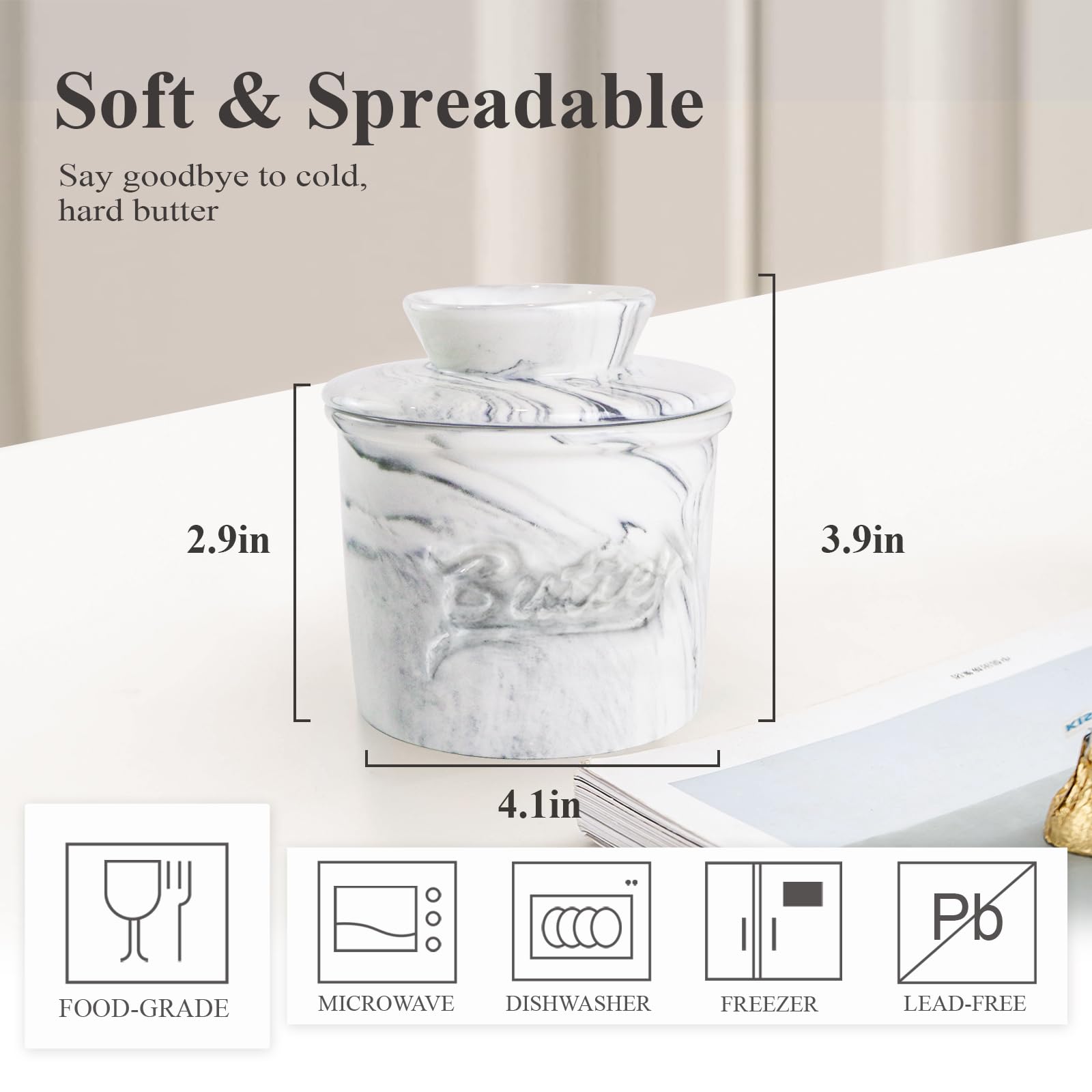 MSJGA Butter Crock for Counter with Water, French Butter Keeper for Spreadable Butter Marble Ceramic Butter Dish with Lid for Countertop, Butter Container Holder
