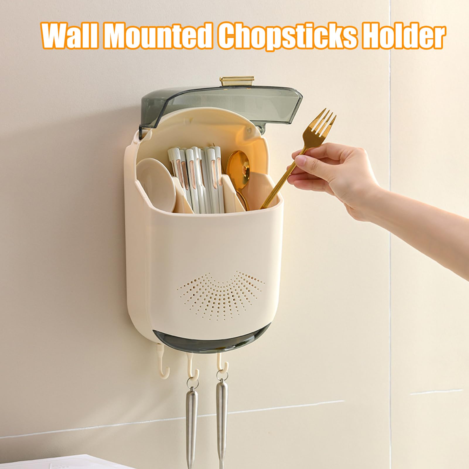 Wall Mounted Chopstick Holder, 3 Compartments Kitchen Utensil Holder with Cover And Drain Tray Large Capacity Plastic Chopstick Container Countertop Utensil Drying Storage Box (White)