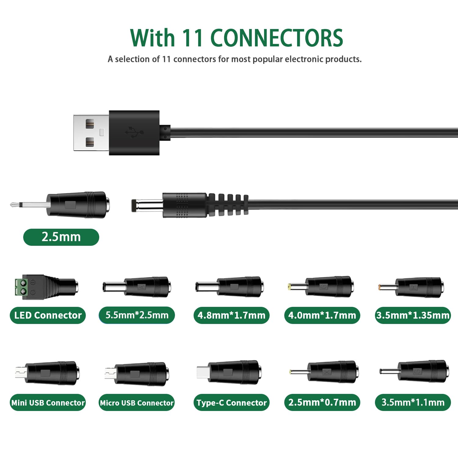 5V 1A Multifunction Charger Power Core, USB to DC Charging Cable Set with Adapter & 11 Connectors (Micro-USB, Type-C, Mini USB, 5.5x2.1, 2.5x0.7, 3.0x1.1, 3.5x1.35, 4.0x1.7, 4.8x1.7, 5.5x2.5) 3.3FT