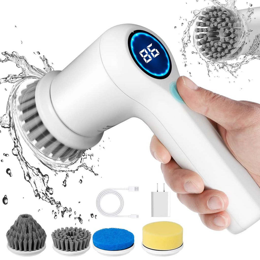 GEERLEPOL Electric Spin Scrubber, Power Scrubber Cordless Shower for Cleaning with LED Display, Bathroom, Tub, Kitchen Stove, Tile Grout 4 Brush Heads (White)