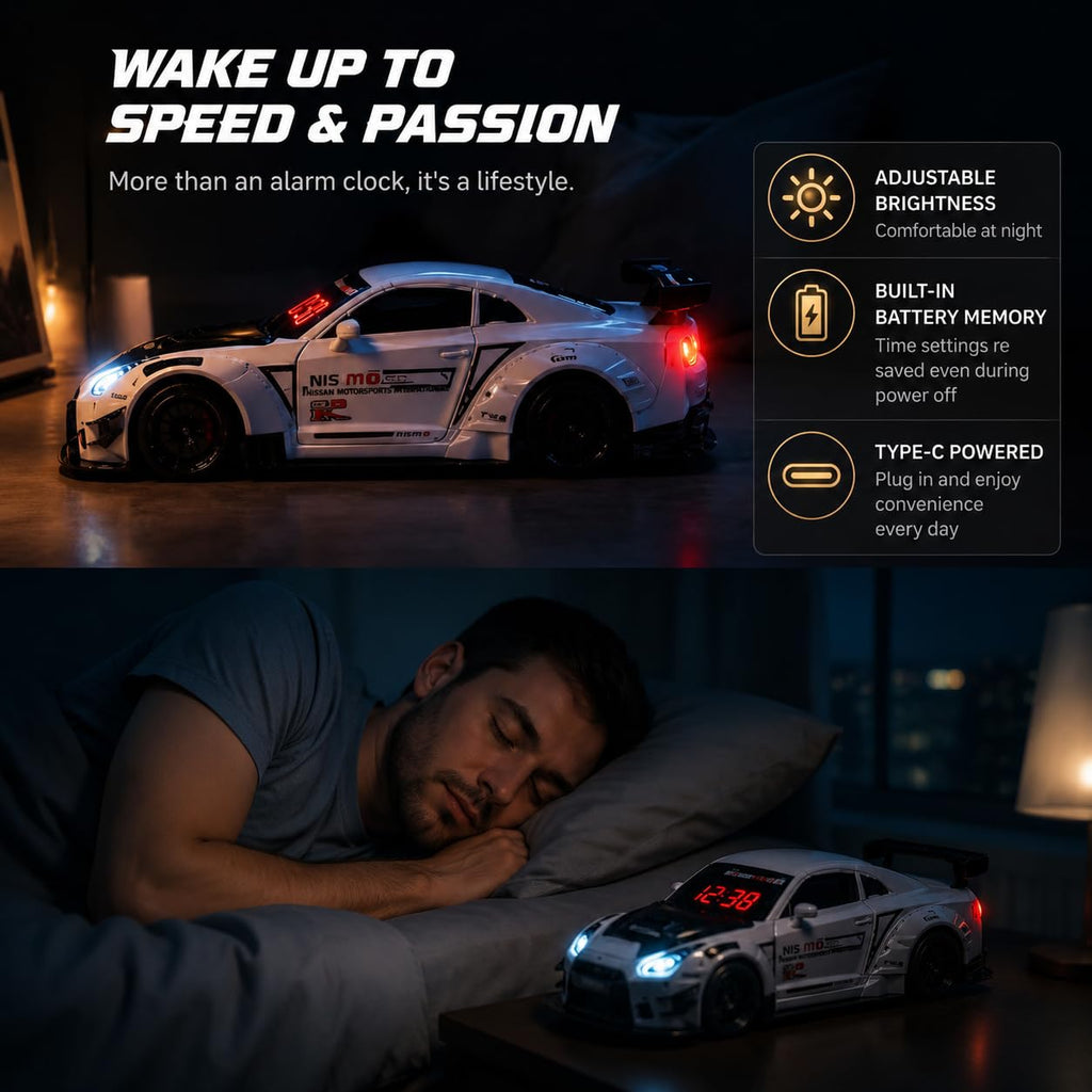Car Alarm Clock, Race Alarm Clock Car with Engine Sound LED Digital Display,Remote Control, Realistic Lighting Effects for Bedroom, for Boys, Kids & Boyfriend (White, Desktop)