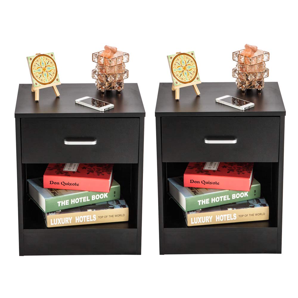Karl home Nightstands Set of 2 with Drawer for Bedroom, Wood Night Stand Set 2 with Open Shelf, Modern Nightstand Bedside Tables Set of 2, End Table, Black