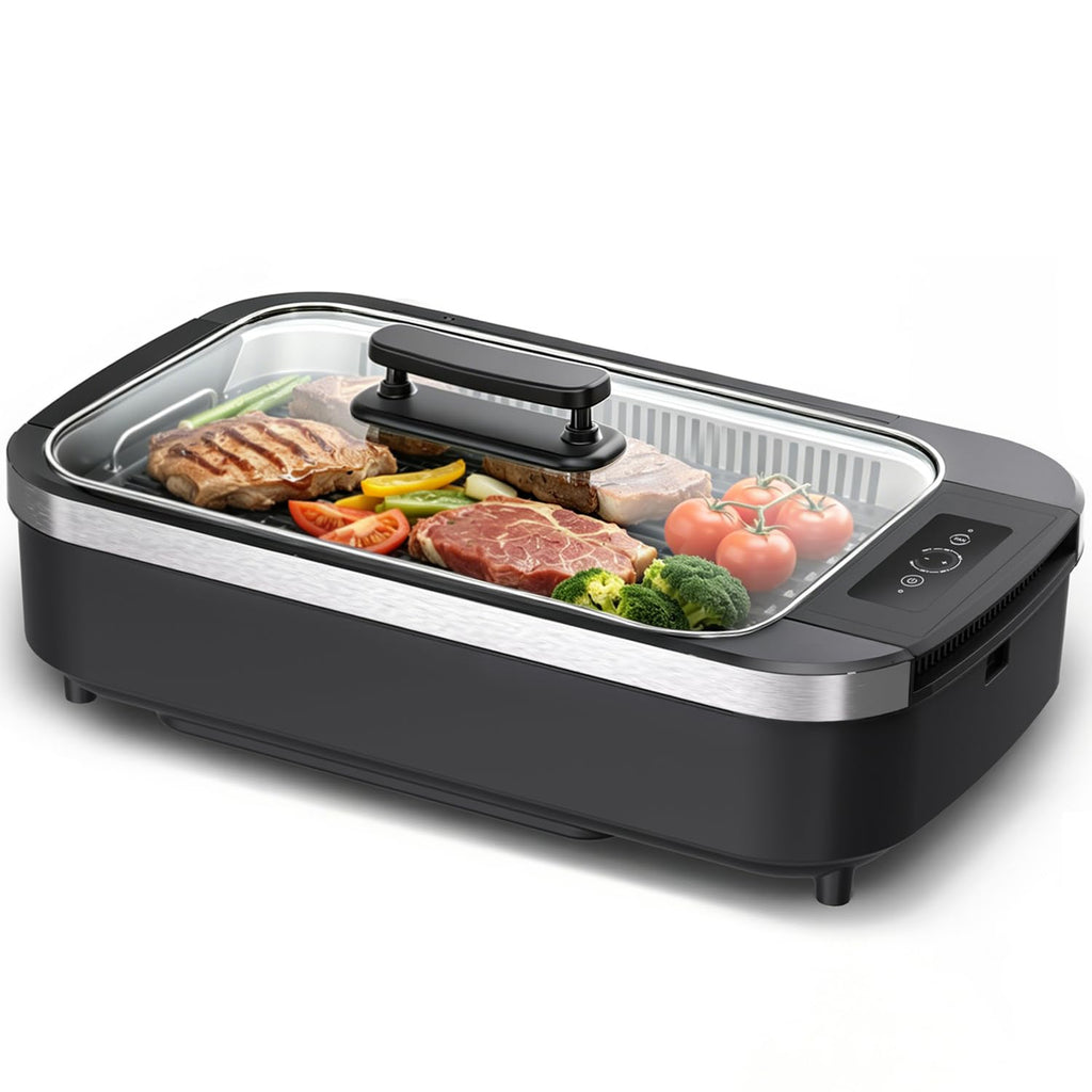 indoor Smokeless Grill, COWSAR indoor Grill, 1500W Electric Grill with Tempered Glass Lid & Drip Tray, Portable Non-Stick Korean BBQ Grill, 6-Level Control, 90 Min Auto, Dishwasher Safe