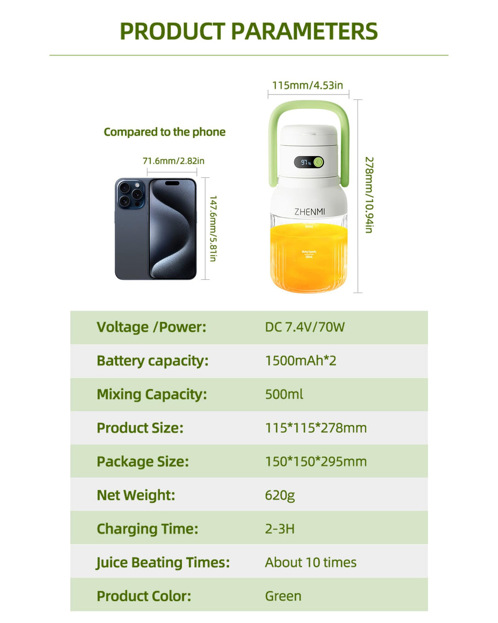 ZHENMI Portable Blender, Personal Blender for Smoothies & Shakes, Cordless, 33oz BPA-Free Vessel, 18000RPM Motor, Leakproof Lid with Sip Spout, USB-C Rechargeable, Easy-to-Clean Parts (Green)