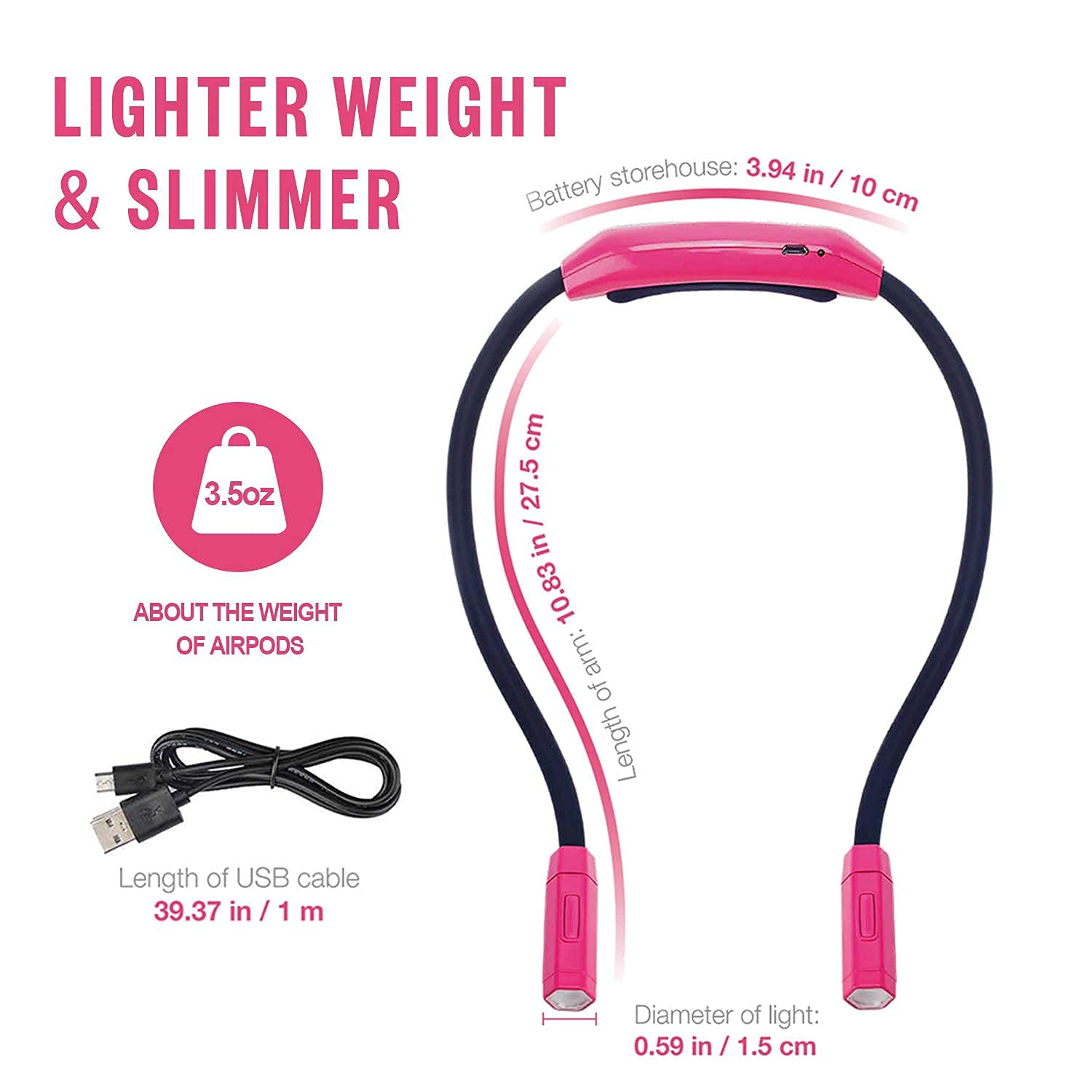 Vekkia Lightweight Neck Reading Light - 3 Colors, 9 Brightness. Rechargeable, Hands - Free, Portable. for Bed Reading, Knitting, Sewing, Crafting. Appeals to Repair & Craft Fans （Pink