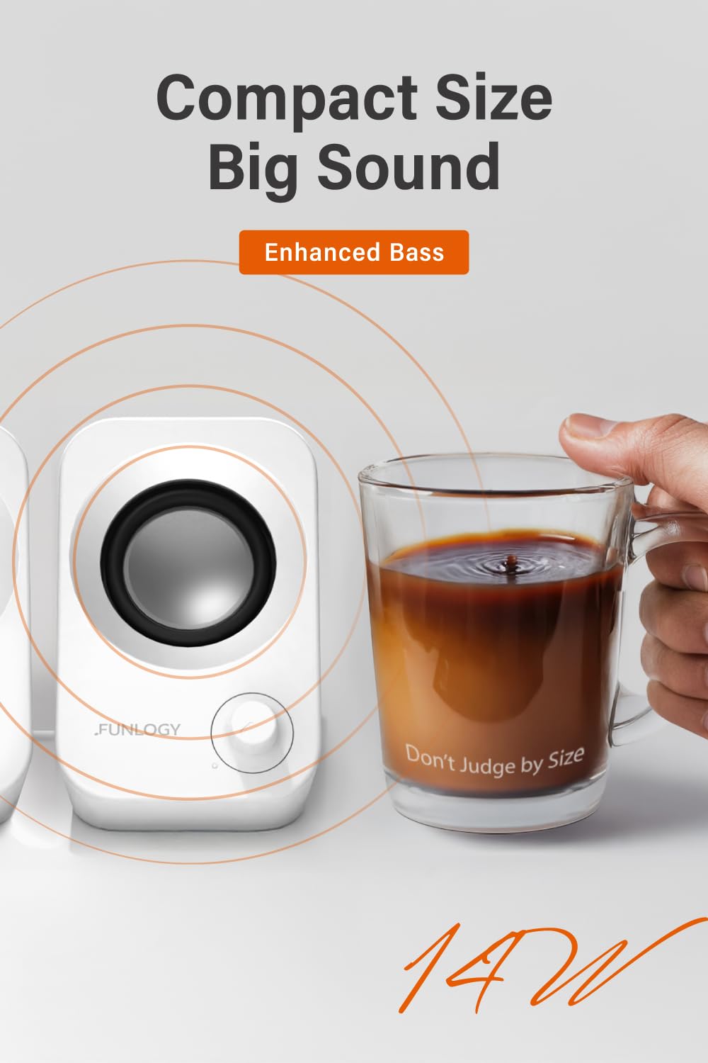 FUNLOGY Speaker - 14W Stereo PC Speakers, USB Powered, Compact Size with 30° Tilt Design, Volume Dial Control, for Desktop, Laptop, Monitor, Gaming Consoles, White