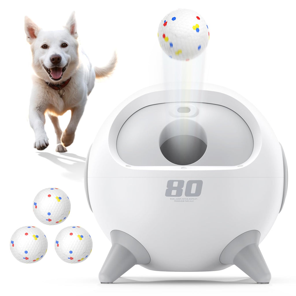uahpet Automatic Ball Launcher for Dogs with Obstacle Detection, 20ft-80ft Adjustable Distances Ball Thrower Launcher for Medium & Large Dogs, with 4 Balls (2.5 inches)