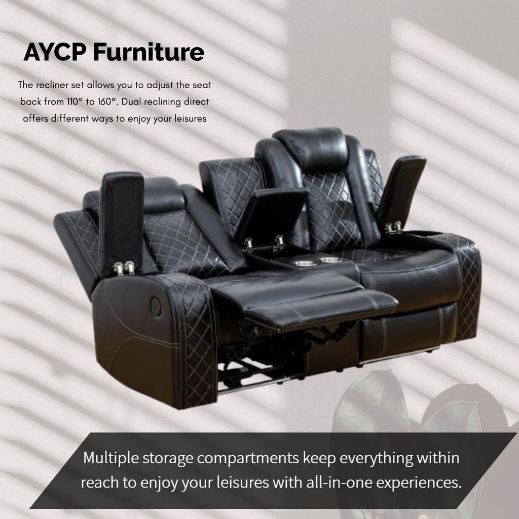 AYCP Furniture Power Recliner Set with LED Lights, Air Leather Reclining Set with USB Port/Wireless Charger/Storage Console/Cup Holder for House/HomeTheater/Apt (Black, Sofa Loveseat Chair)