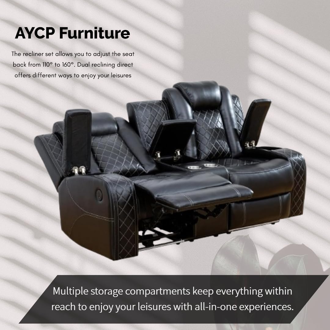 AYCP Furniture Power Recliner Set with LED Lights, Air Leather Reclining Set with USB Port/Wireless Charger/Storage Console/Cup Holder for House/HomeTheater/Apt (Black, Sofa Loveseat Chair)