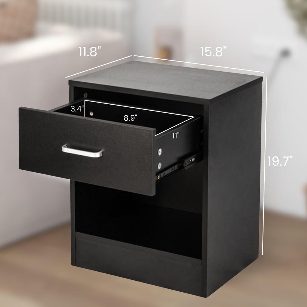 Karl home Nightstands Set of 2 with Drawer for Bedroom, Wood Night Stand Set 2 with Open Shelf, Modern Nightstand Bedside Tables Set of 2, End Table, Black
