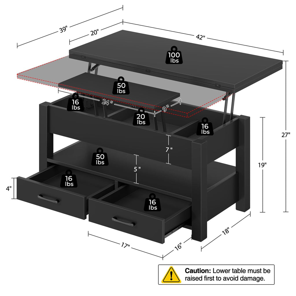 Rolanstar Coffee Table Lift Top, Multi-Function Convertible Coffee Table with Drawers and Hidden Compartment, Converts to Dining Table for Living Room, Home Office,Black