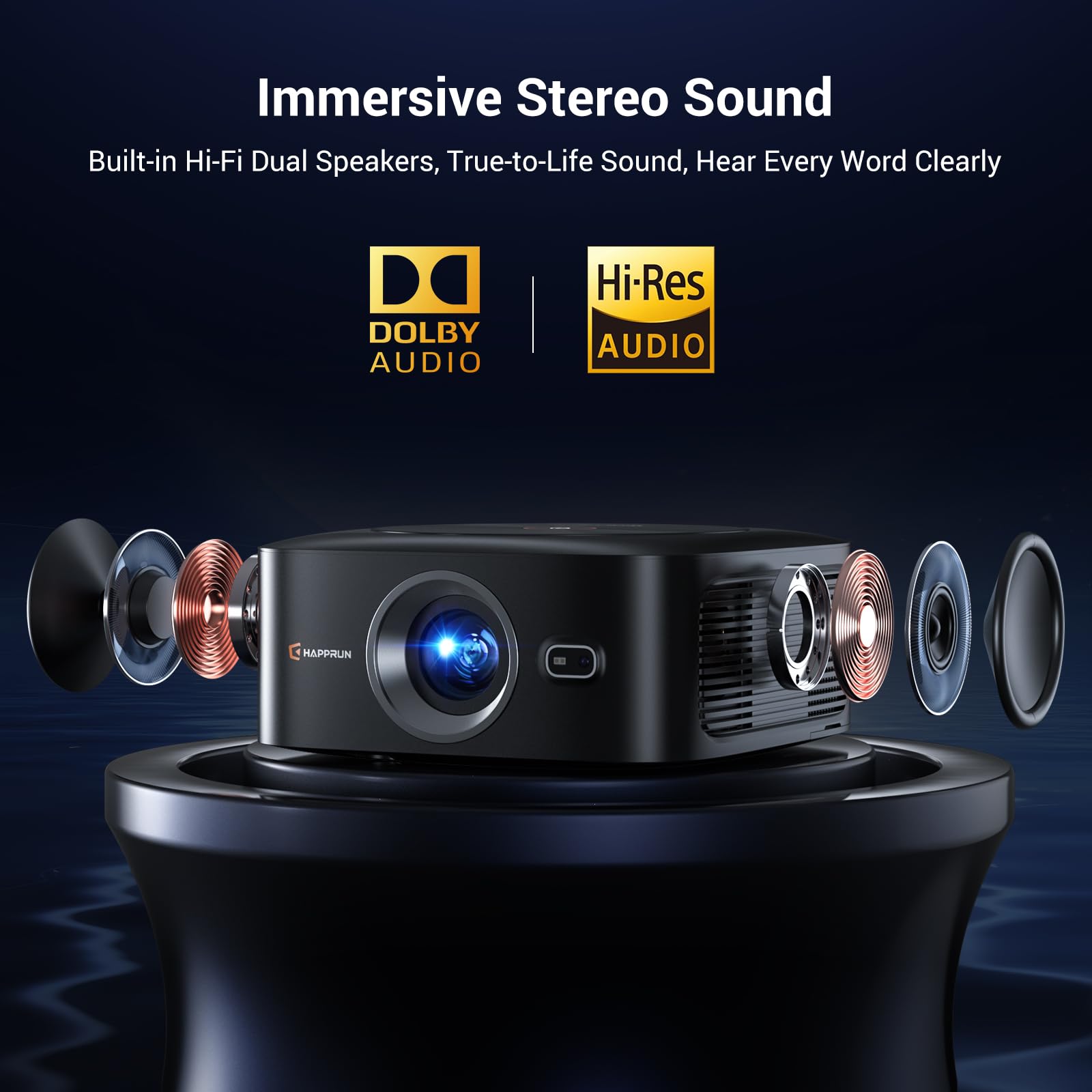 1500 ANSI Official Licensed Google TV Smart Projector, HAPPRUN 4K Full HD Home Theater with Auto Focus, Dolby Sound, Wi-Fi Bluetooth, Built-in Apps, Compatible with Phone & PC, Indoor & Outdoor Use