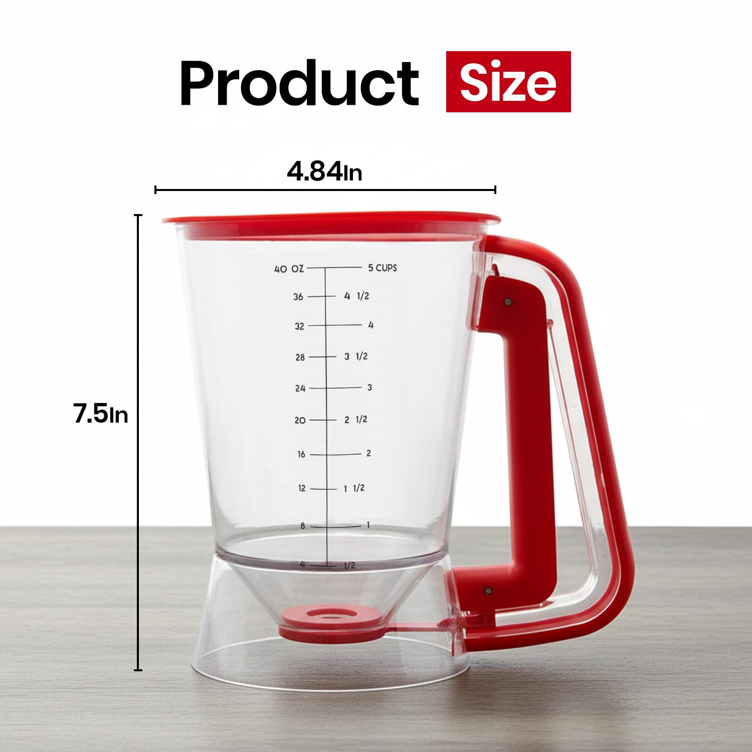 Eggssentials - Pancake dispenser, 5-Cup capacity for Batter, Cupcake Batter Dispenser, Waffles & Crepes, Easy Squeeze Handle, Dishwasher Safe - Red Pancake Mix Dispenser