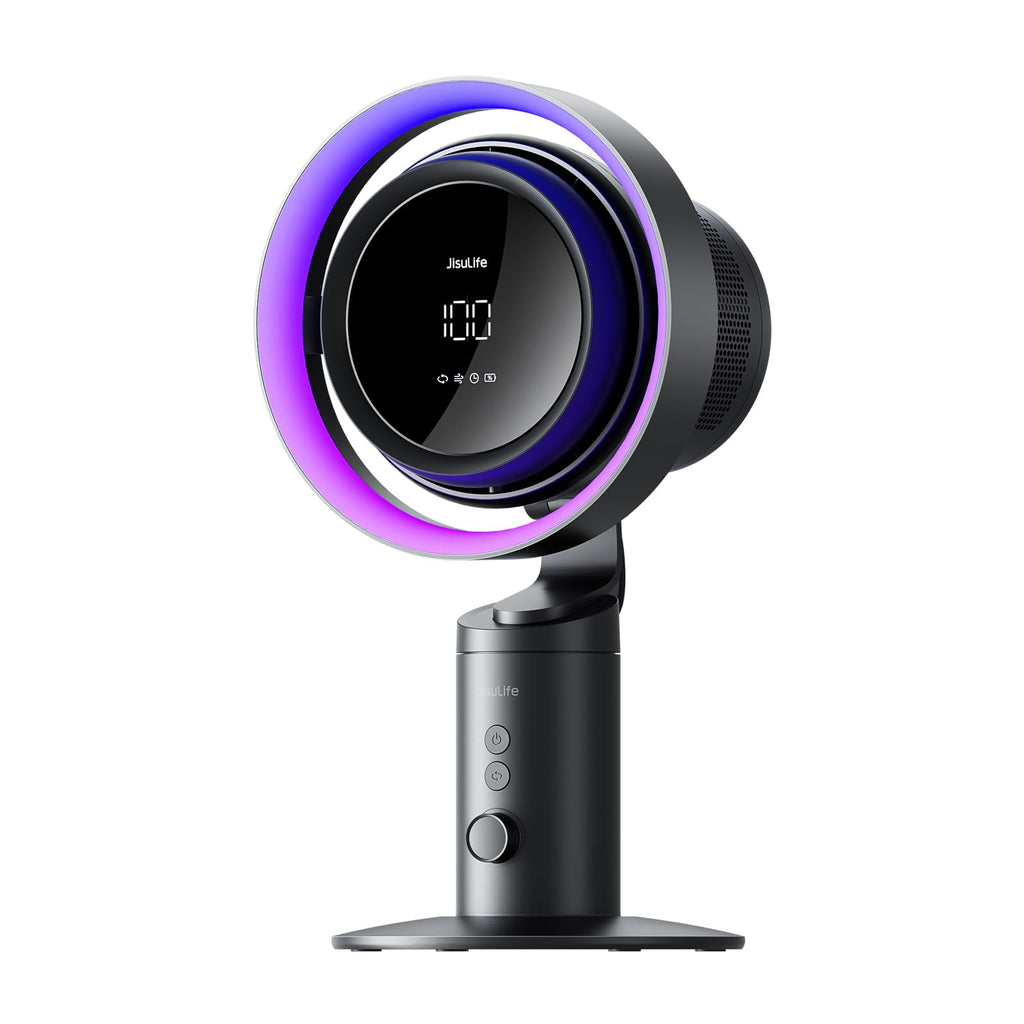 JISULIFE Table Fan Pro3, 3-in-1 Table Cool with 7-Color RGB Light, LED Display, 100-Speed, 10000mAh Battery, 120° Oscillating Desktop Fan for Office/Gaming Desk, Gifts for Men/Women