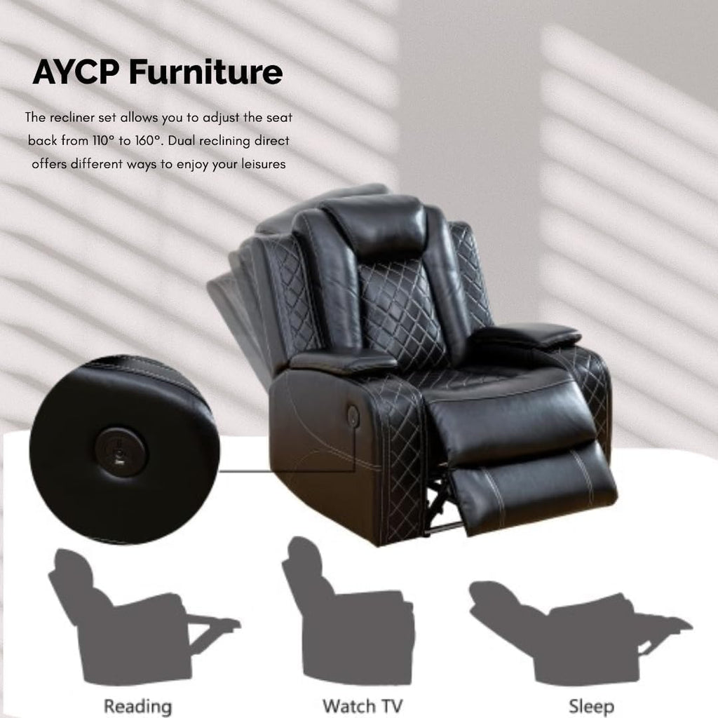 AYCP Furniture Power Recliner Set with LED Lights, Air Leather Reclining Set with USB Port/Wireless Charger/Storage Console/Cup Holder for House/HomeTheater/Apt (Black, Sofa Loveseat Chair)