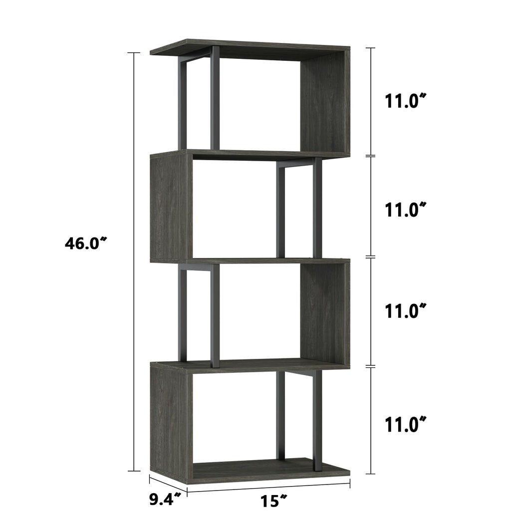 Furologee Geometric Bookshelf 5 Tier Bookcase, Industrial S-Shaped Display Storage Shelf for Small Space, Tall Metal Wood Decorative Standing Shelves for Bedroom, Living Room, Office, Black Oak