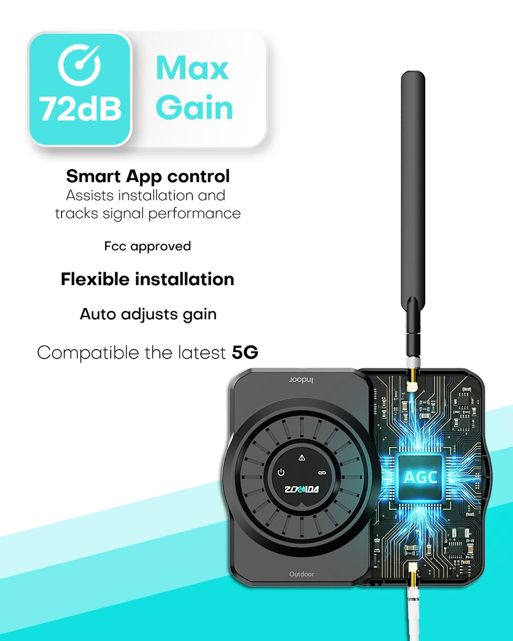 ZORIDA Cell Phone Signal Booster for All US Carriers, Boosts 5G 4G LTE 3G, Cell Phone Booster 72dB High Gain Antennas, Cellular Signal Booster Verizon, AT&T, T-Mobile, App Support FCC Approved 5S