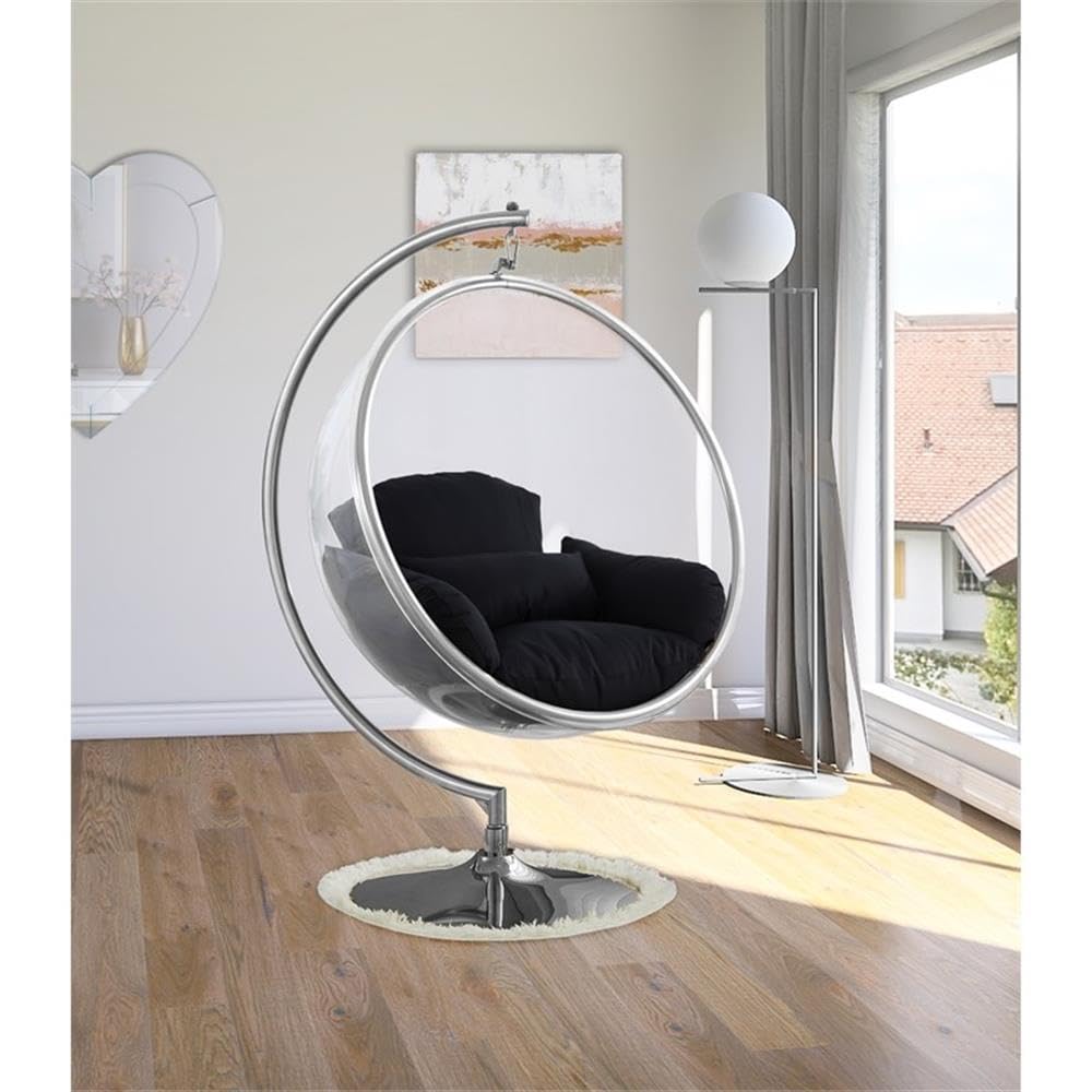 Meridian Furniture 507Black Luna Collection Modern | Contemporary Clear Acrylic Accent Swing Chair with Durable Metal Base and Fabric Seat, Black, Chrome Finish, 41.5" W x 29.5" D x 64" H
