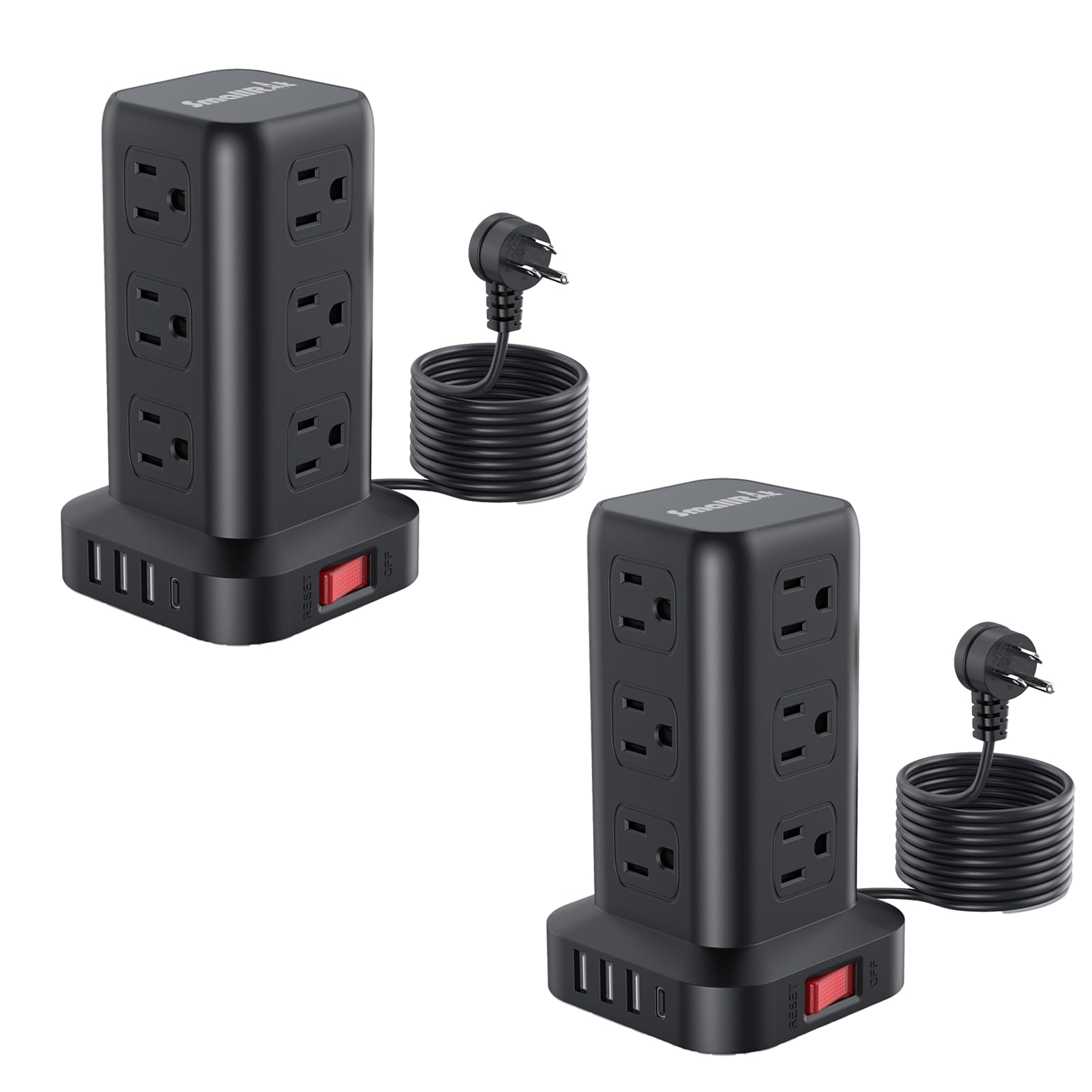 Extension Cord with Multiple Outlets, SMALLRT 2 Pcs Surge Protector Power Strip Tower, Outlet Extender with 12 AC Outlets 4 USB, 6.5FT Extension Cord for Home Office Dorm Room, Overload Protection