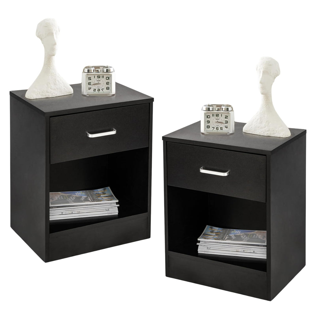 Karl home Nightstands Set of 2 with Drawer for Bedroom, Wood Night Stand Set 2 with Open Shelf, Modern Nightstand Bedside Tables Set of 2, End Table, Black