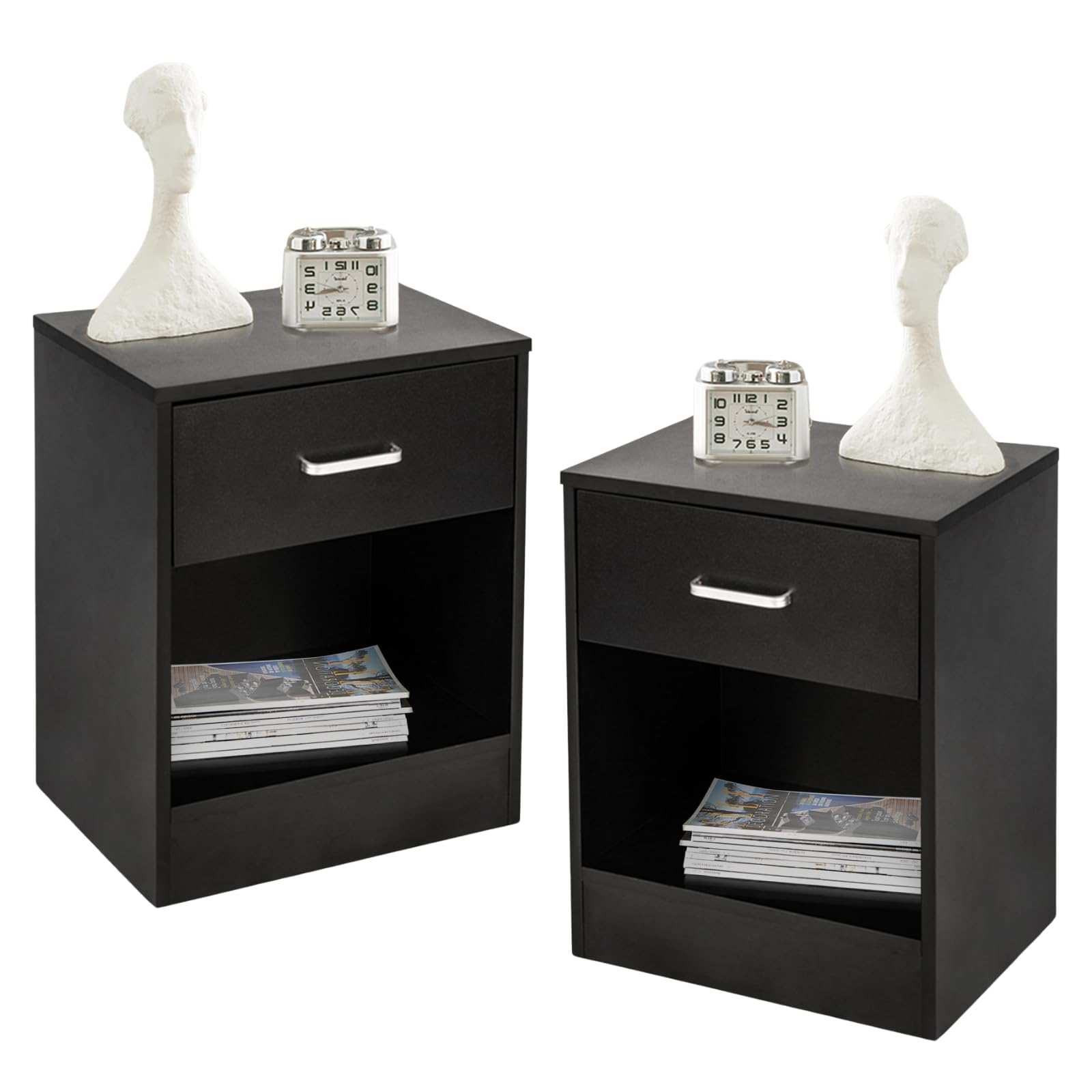 Karl home Nightstands Set of 2 with Drawer for Bedroom, Wood Night Stand Set 2 with Open Shelf, Modern Nightstand Bedside Tables Set of 2, End Table, Black