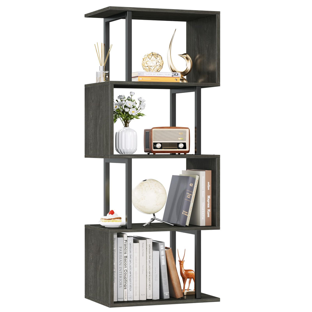 Furologee Geometric Bookshelf 5 Tier Bookcase, Industrial S-Shaped Display Storage Shelf for Small Space, Tall Metal Wood Decorative Standing Shelves for Bedroom, Living Room, Office, Black Oak