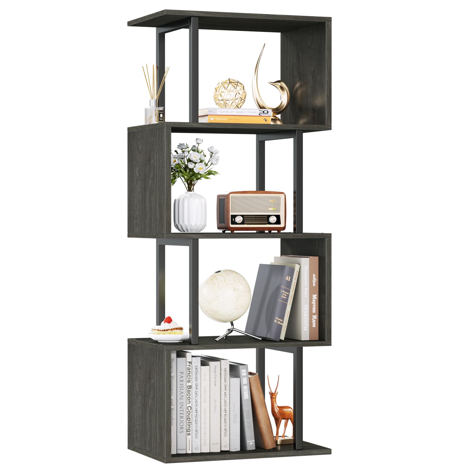 Furologee Geometric Bookshelf 5 Tier Bookcase, Industrial S-Shaped Display Storage Shelf for Small Space, Tall Metal Wood Decorative Standing Shelves for Bedroom, Living Room, Office, Black Oak