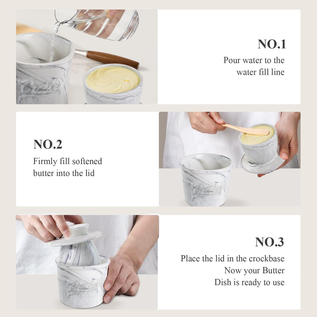 MSJGA Butter Crock for Counter with Water, French Butter Keeper for Spreadable Butter Marble Ceramic Butter Dish with Lid for Countertop, Butter Container Holder