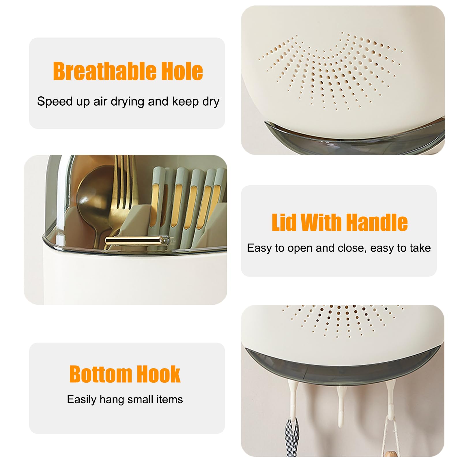 Wall Mounted Chopstick Holder, 3 Compartments Kitchen Utensil Holder with Cover And Drain Tray Large Capacity Plastic Chopstick Container Countertop Utensil Drying Storage Box (White)