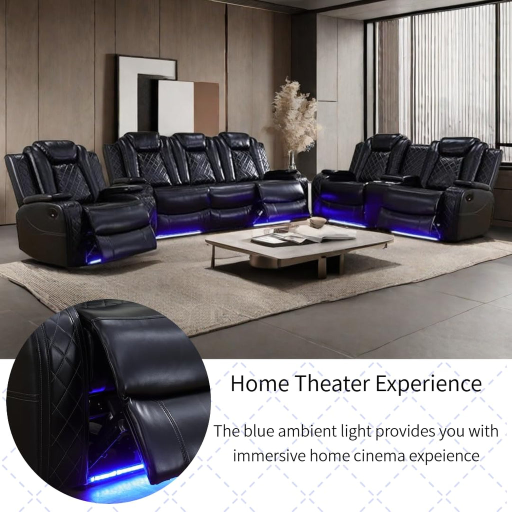 AYCP Furniture Power Recliner Set with LED Lights, Air Leather Reclining Set with USB Port/Wireless Charger/Storage Console/Cup Holder for House/HomeTheater/Apt (Black, Sofa Loveseat Chair)